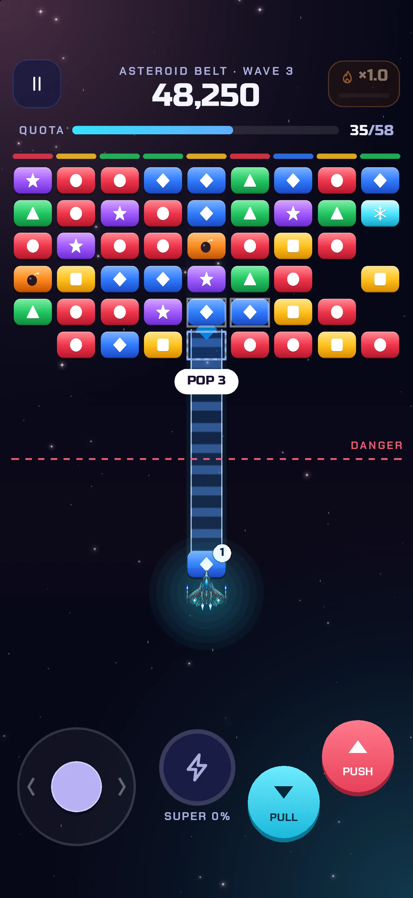 A wave of gems with the tractor beam pulling a stack